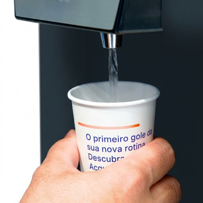 Mão enche copo de papel na saída de água do Acqualive DUO