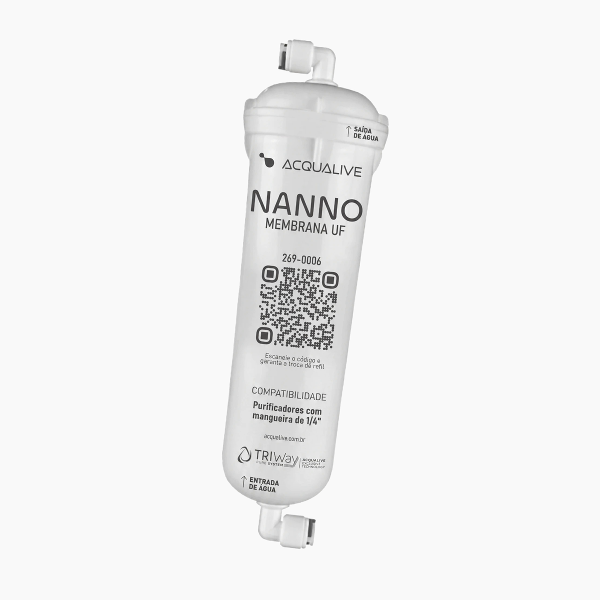 Refil Nanno Membrana UF 269-0006, primeiro estágio do DUO e do Duo Lite, com entrada e saída de água indicadas