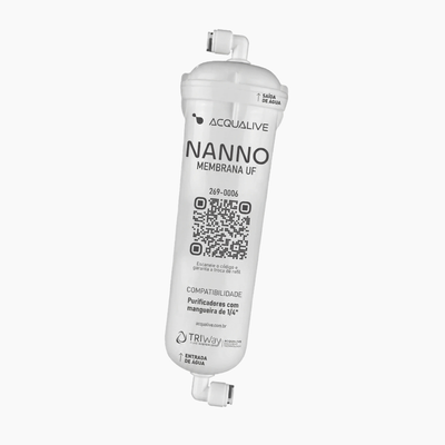 Refil Nanno Membrana UF 269-0006, primeiro estágio do DUO e do Duo Lite, com entrada e saída de água indicadas